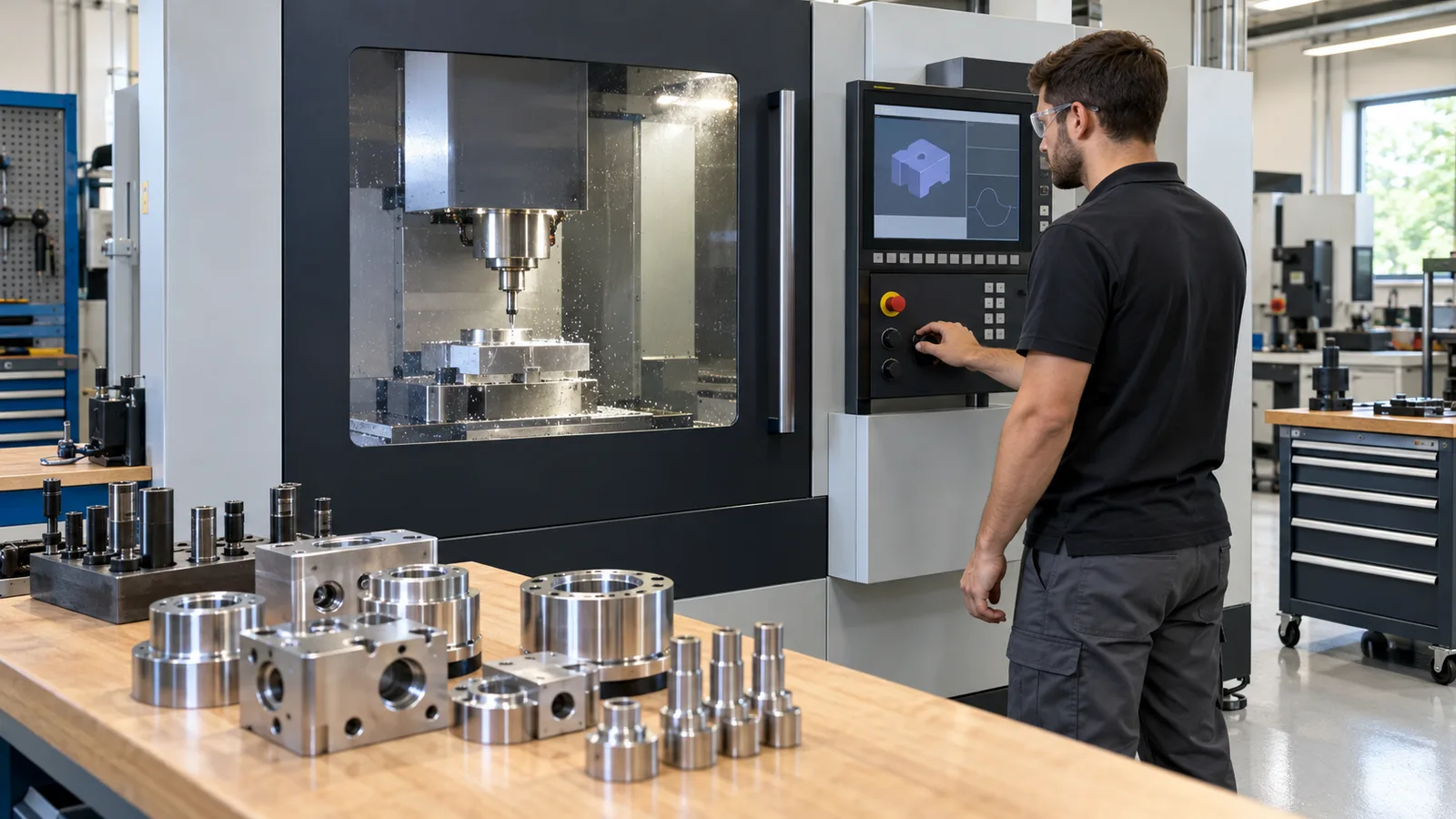 Machinist running a CNC machine in a machine shop