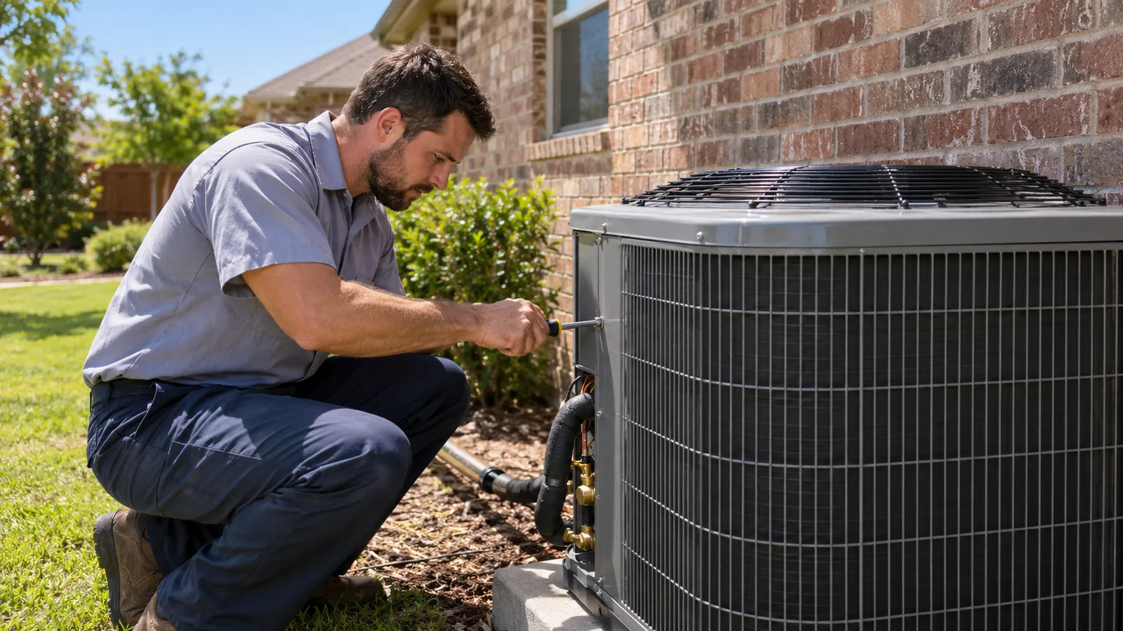 HVAC technician servicing an air conditioner at a Texas home
