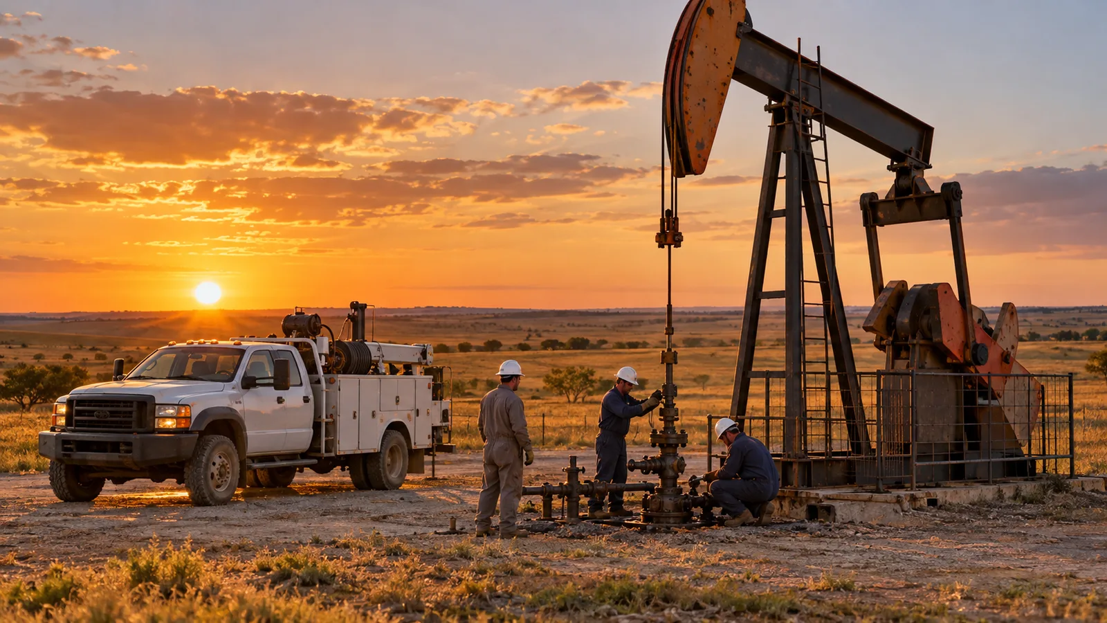 Oilfield service crew working beside a pump jack in North Texas